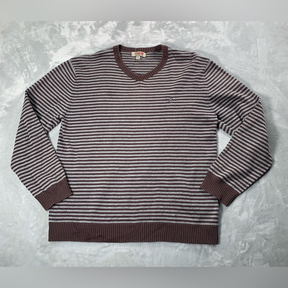 Yishion Classic Brown Striped V-Neck Sweater